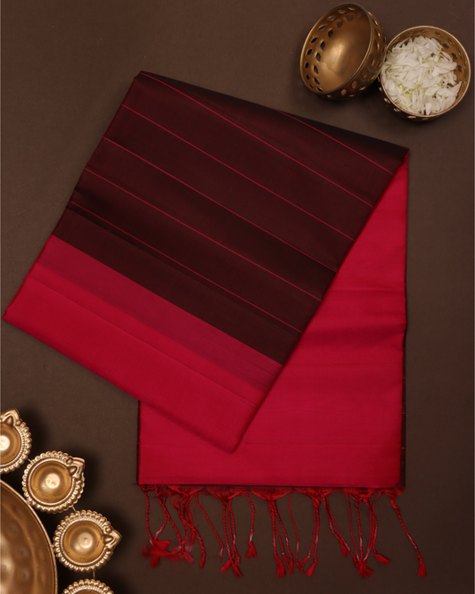 Vibrant Pink Pure Handloom Silk Saree with Burnt Pink Contrast Border & Striped Pallu