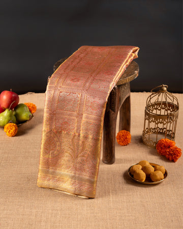 Golden Pink Pure Tissue Silk Saree with Floral Buttas, Checks & Turning Border