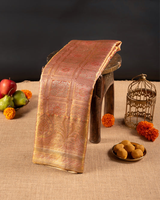 Golden Pink Pure Tissue Silk Saree with Floral Buttas, Checks & Turning Border