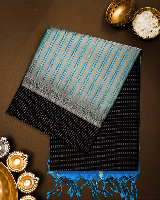 Black Handloom Soft Silk Saree with Aqua Blue Contrast Pallu & Geometric Zari Detailing