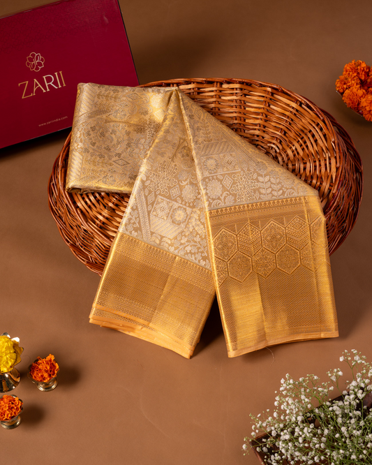 Gold Tissue Pure Silk Saree with Floral Brocade, Gold Zari & Rich Pallu