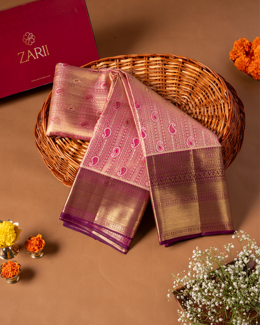 Pink and Purple Tissue Silk Saree with Intricate Weave & Rich Pallu