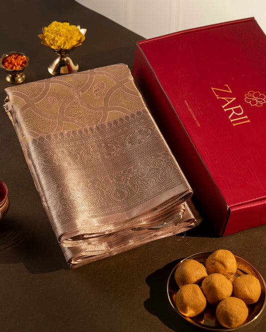 Silver Pure Tissue Silk Saree with Gold Zari Motifs, Silver Border & Pastel Pink Blouse