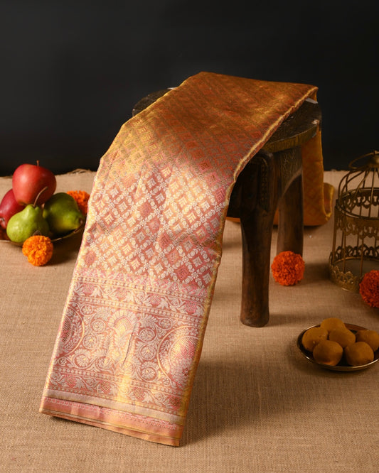Pink-Gold Pure Tissue Silk Saree with Intricate Detailing & Rich Pallu