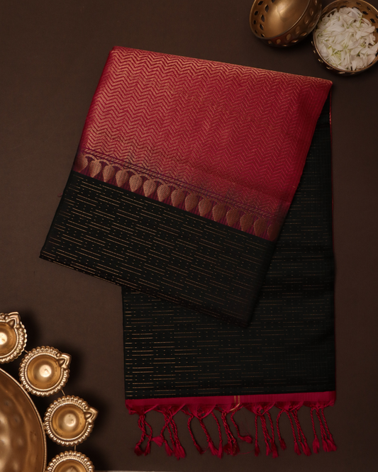 Dark Green Handloom Soft Silk Saree with Subtle Stripes & Deep Pink Contrast Pallu