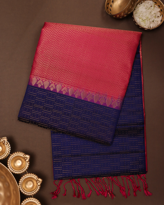 Dark Blue Handloom Soft Silk Saree with Subtle Stripes & Vibrant Orange Contrast Pallu