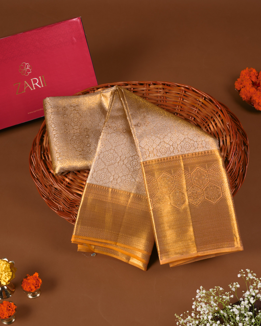 Gold Pure Tissue Silk Brocade Saree with Gold Zari & Rich Pallu