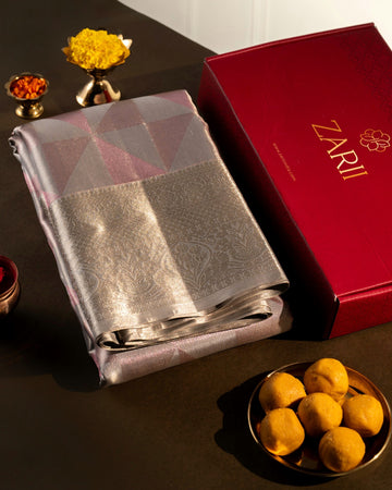 Silver Pure Tissue Silk Saree with Neem Zari Triangles and Rich Pallu