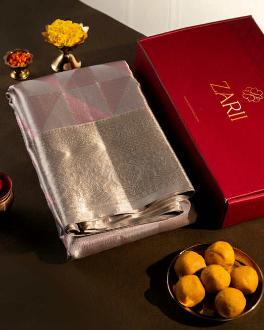 Silver Pure Tissue Silk Saree with Neem Zari Triangles and Rich Pallu