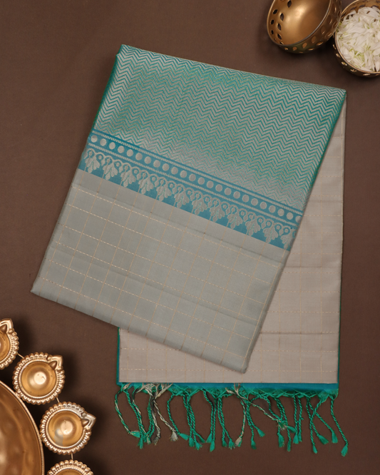 Cream Pure Silk Saree with Teal Brocade Pallu and Gold Checked Body