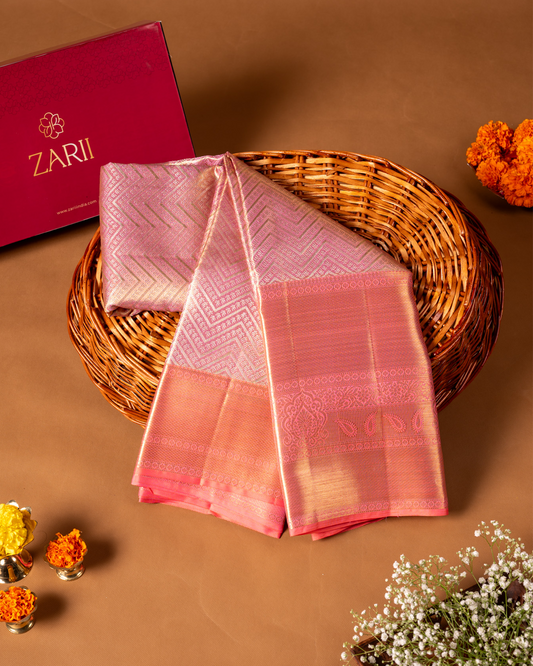 Pastel Pink Pure Tissue Silk Saree Lotus Motifs & Rich Pallu