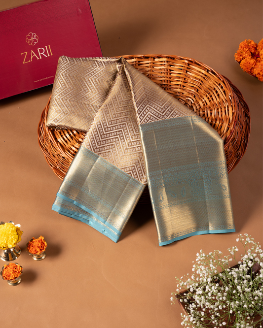 Brown Pure Tissue Silk Brocade Saree with Geometric Border & Rich Pallu