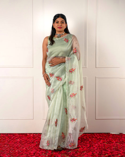 HUM – Sage Green Organza Saree with Floral Embroidery and Scalloped Pearl Border