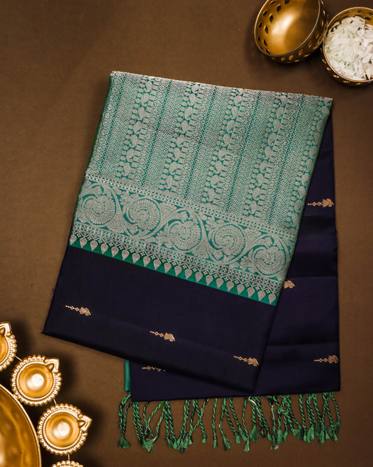 Emerald Green and Deep Violet Pure Silk Saree with Intricate Zari Work