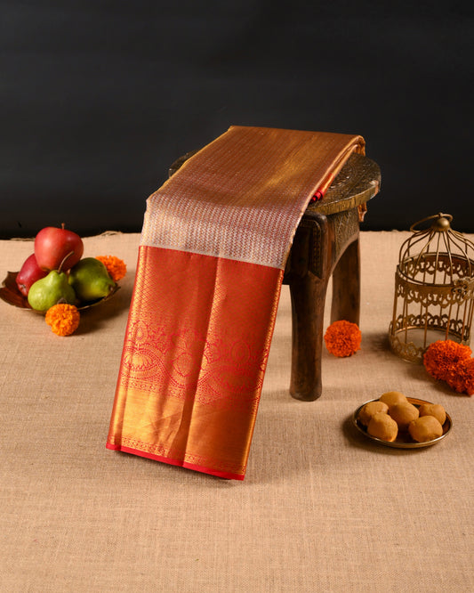Red and Gold Pure Tissue Silk Saree with Gold Brocade & Rich Pallu