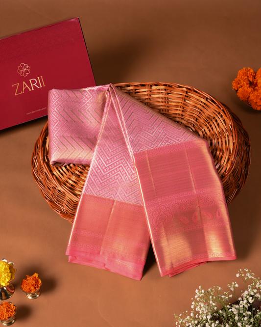 Pastel Pink Pure Tissue Silk Brocade Saree with Broad Border and Rich Pallu
