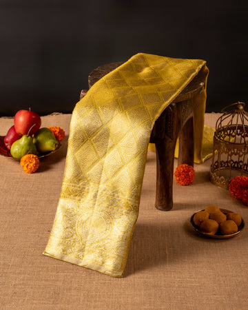 Lemon Yellow-Gold Tissue Pure Silk Saree with Diamond Weave & Turning Border