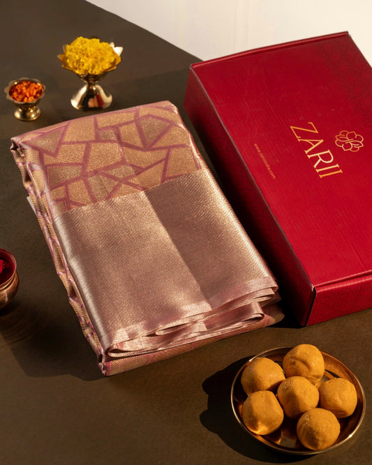 Pastel Pink Pure Tissue Silk Saree with Geometric Weave & Soft Metallic Border