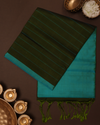 Deep Sea Blue Pure Handloom Silk Saree with Green Contrast Border & Striped Pallu