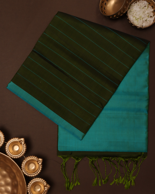 Deep Sea Blue Pure Handloom Silk Saree with Green Contrast Border & Striped Pallu
