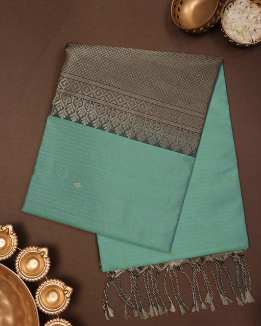 Mint Green and Antique Gold Pure Silk Saree with Temple Motif