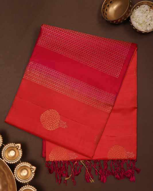 Coral Red & Rani Pink Pure Silk Saree with Zari Buttas