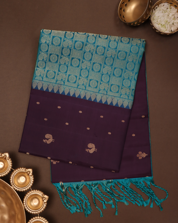 Violet & Cyan Blue Pure Silk Saree with Zari Motifs