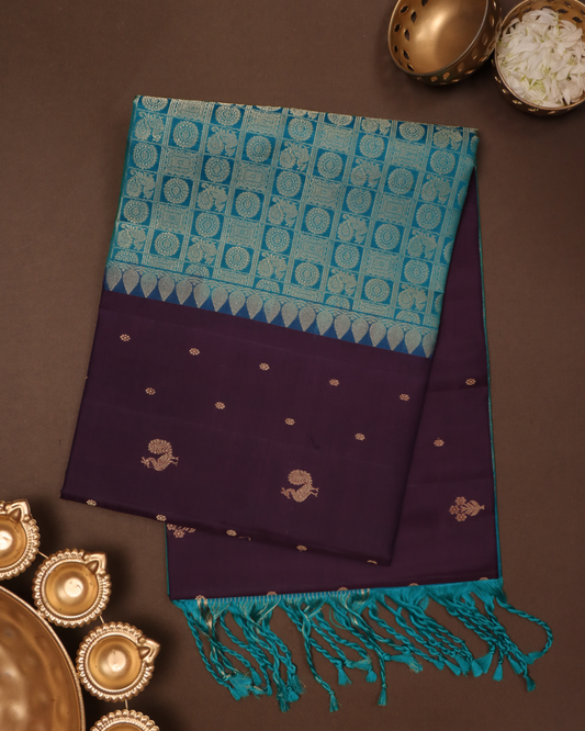 Violet & Cyan Blue Pure Silk Saree with Zari Motifs