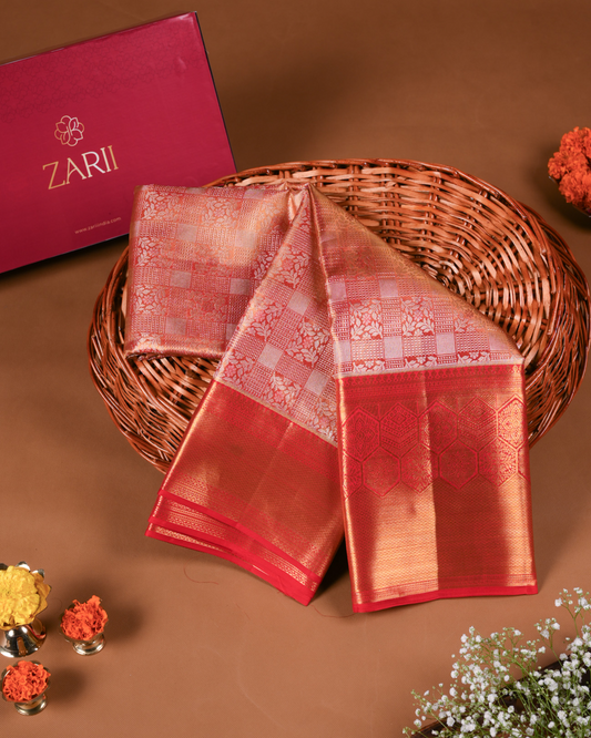 Red and Gold Pure Tissue Silk Saree with Checks, Floral Motifs & Honeycomb Inspired Border