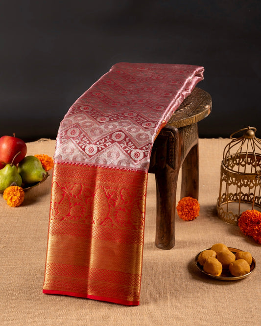 Pink and Red Tissue Silk Saree with Intricate Weave & Rich Pallu