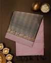 Pastel Pink Handloom Soft Silk Saree with Raindrop Motifs & Dark Green Contrast Border