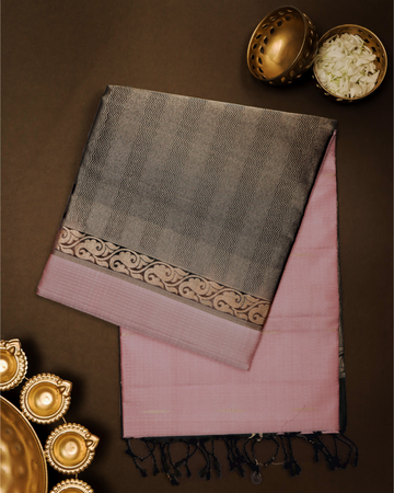 Pastel Pink Handloom Soft Silk Saree with Raindrop Motifs & Dark Green Contrast Border