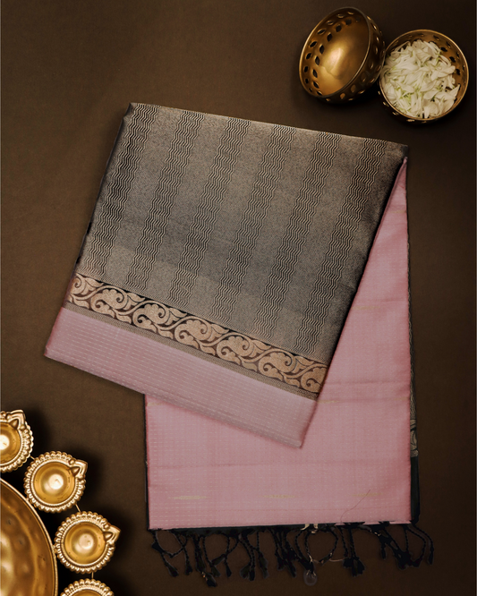 Pastel Pink Handloom Soft Silk Saree with Raindrop Motifs & Dark Green Contrast Border