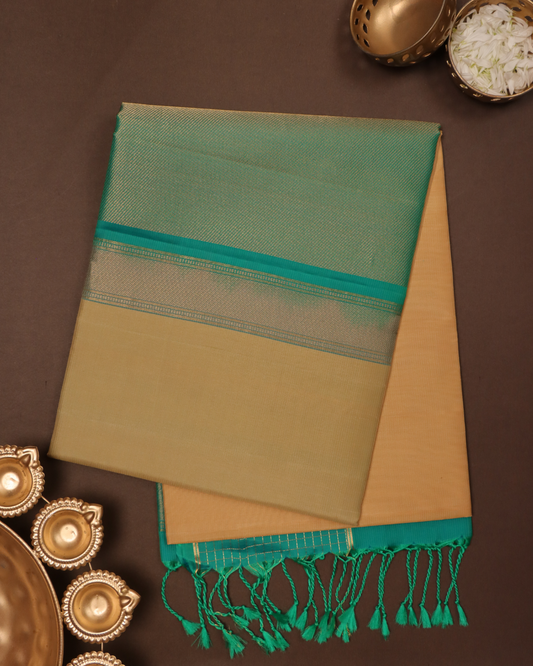 Beige Handloom Silk Saree with Teal Checks Border & Pallu