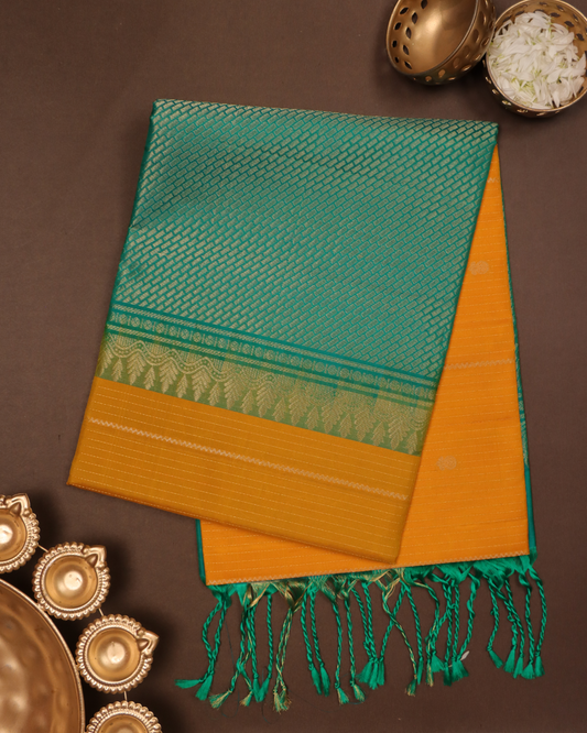 Emerald Green and Mango Yellow Pure Silk Saree with Leaf Motif