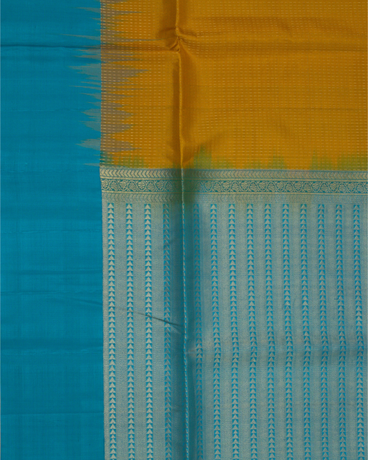 Bright Yellow Handloom Soft Silk Saree with Raindrop Motifs & Deep Blue Contrast Pallu