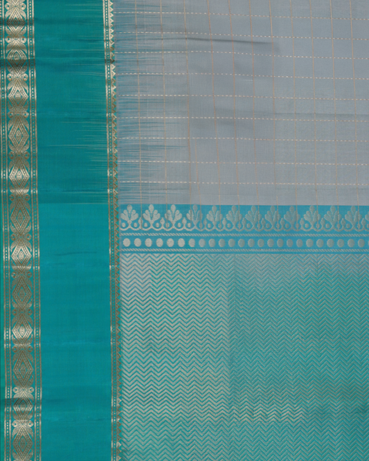 Cream Pure Silk Saree with Teal Brocade Pallu and Gold Checked Body