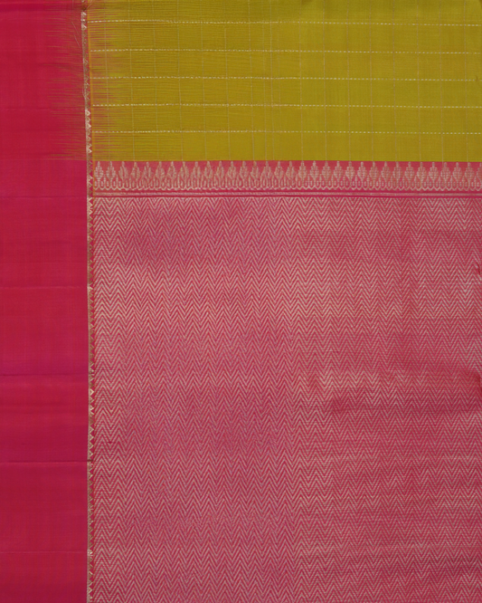 Olive Gold & Festive Pink Pure Silk Saree with Zigzag Zari Accents