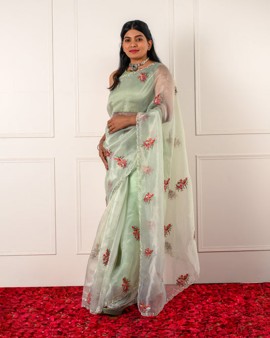 HUM – Sage Green Organza Saree with Floral Embroidery and Scalloped Pearl Border