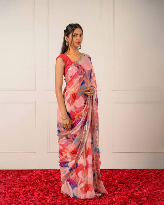 Nazaaraa – Crushed Chiffon Digital Print Saree with Mirror Scallop Work