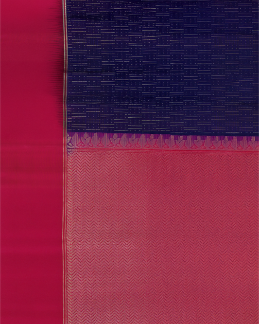 Dark Blue Handloom Soft Silk Saree with Subtle Stripes & Vibrant Orange Contrast Pallu