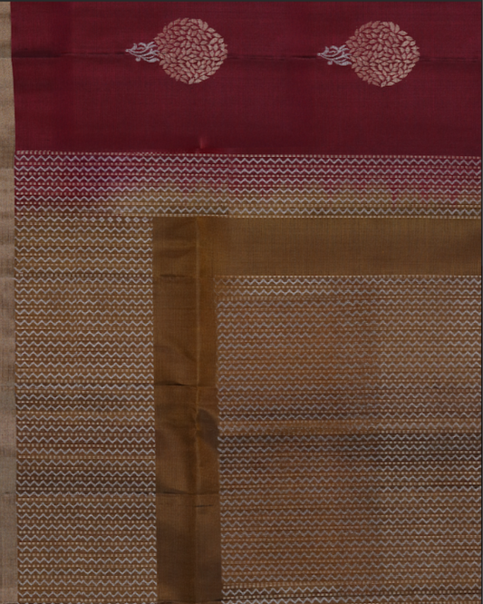 Maroon & Antique Gold Pure Silk Saree with Ornate Zari Motifs