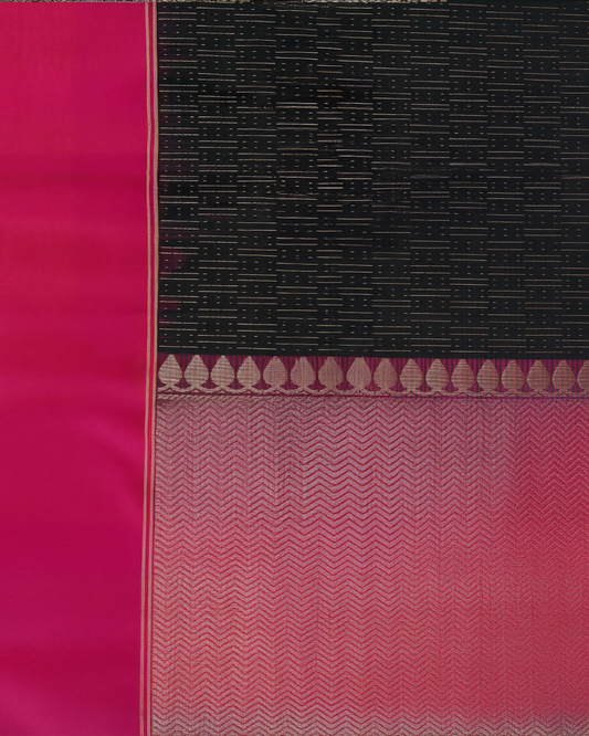 Dark Green Handloom Soft Silk Saree with Subtle Stripes & Deep Pink Contrast Pallu