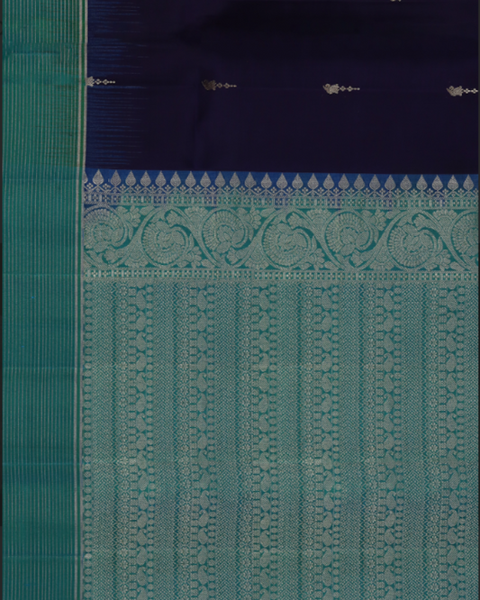 Emerald Green and Deep Violet Pure Silk Saree with Intricate Zari Work