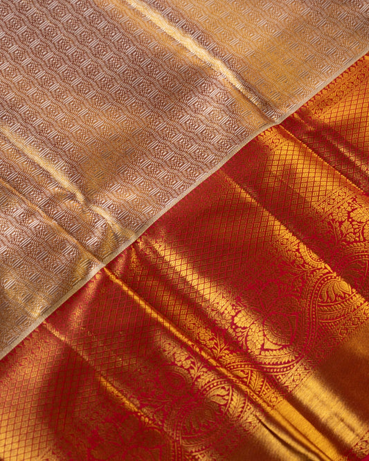 Red and Gold Pure Tissue Silk Saree with Zari Border & Rich Pallu
