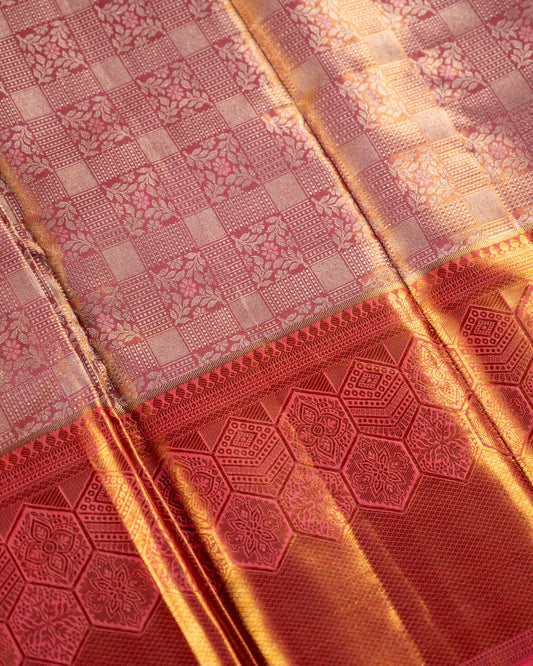 Pink Pure Tissue Silk Saree with Checks, Floral Motifs & Honeycomb Inspired Border