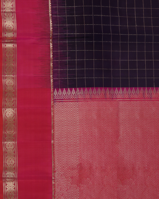 Blush Pink & Midnight Plum Pure Silk Saree with Woven Zari Checks