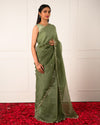 Tanzira – Green Crushed Chiffon Saree with Kardana, Pearl & Sequin Hand Embroidery