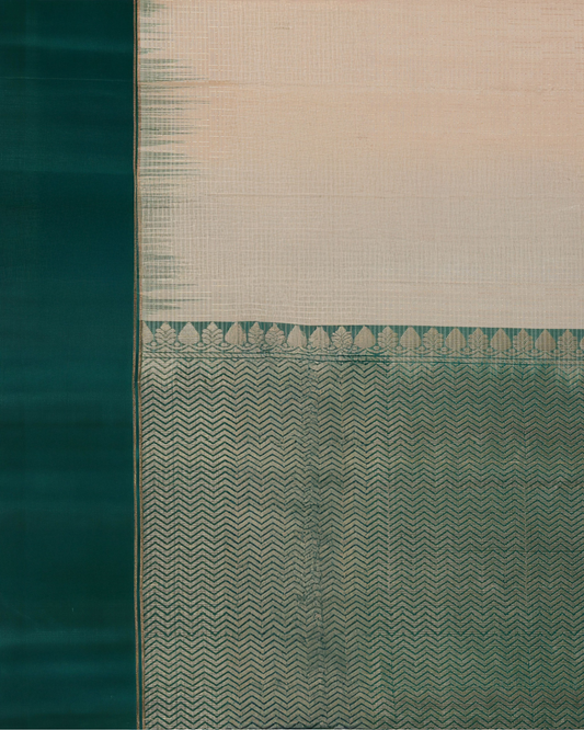 Cream Handloom Soft Silk Saree with Subtle Woven Stripes & Green Contrast Pallu