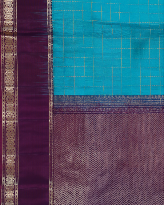 Teal & Plum Maroon Pure Silk Saree with Gold Grid Weave